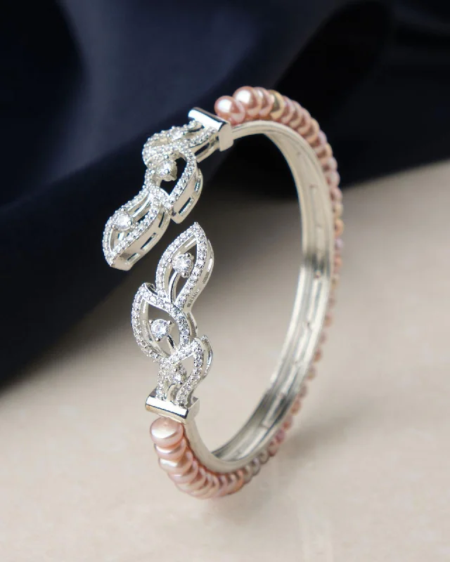 women’s bridal bracelets-Leafy Stone Studded Pearl Bangle