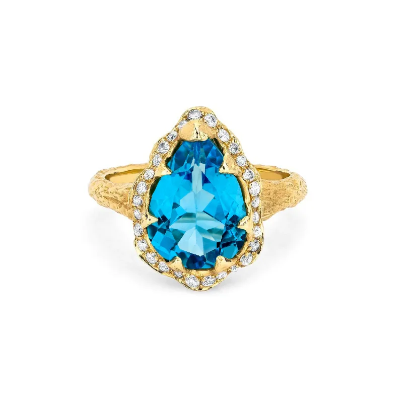 women’s birthstone rings-Queen Water Drop Blue Topaz Ring with Full Pavé Halo