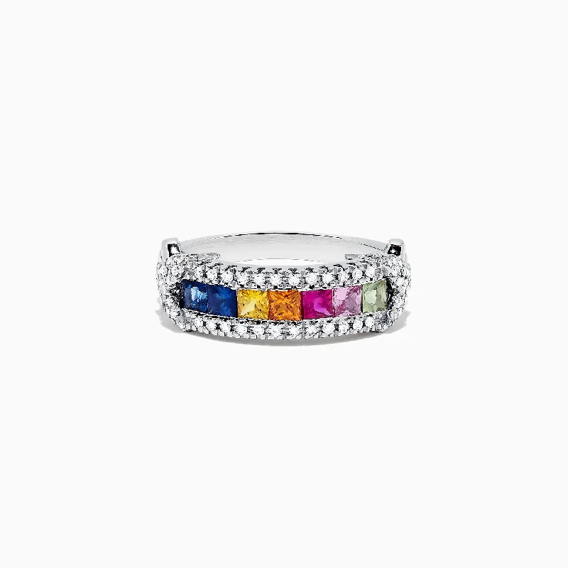 women’s heart-shaped engagement rings-Watercolors 14K White Gold Multi Sapphire and Diamond Ring, 1.18 TCW