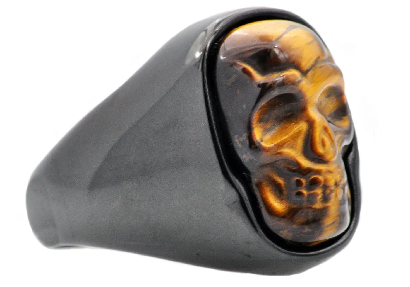 women’s boho rings-Mens Genuine Tiger Eye Black Plated Stainless Steel Skull Ring