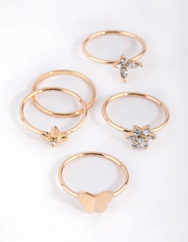 women’s gold wedding bands-Gold Butterfly & Garden Rings 4-Pack