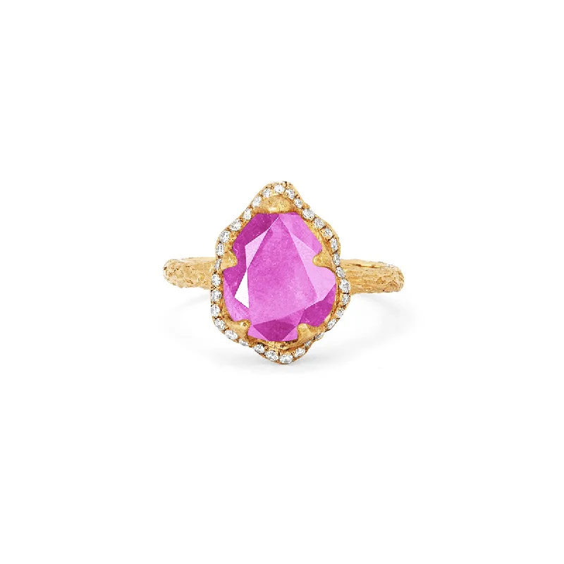 women’s ruby rings-Baby Queen Water Drop Pink Sapphire Ring with Full Pavé Halo