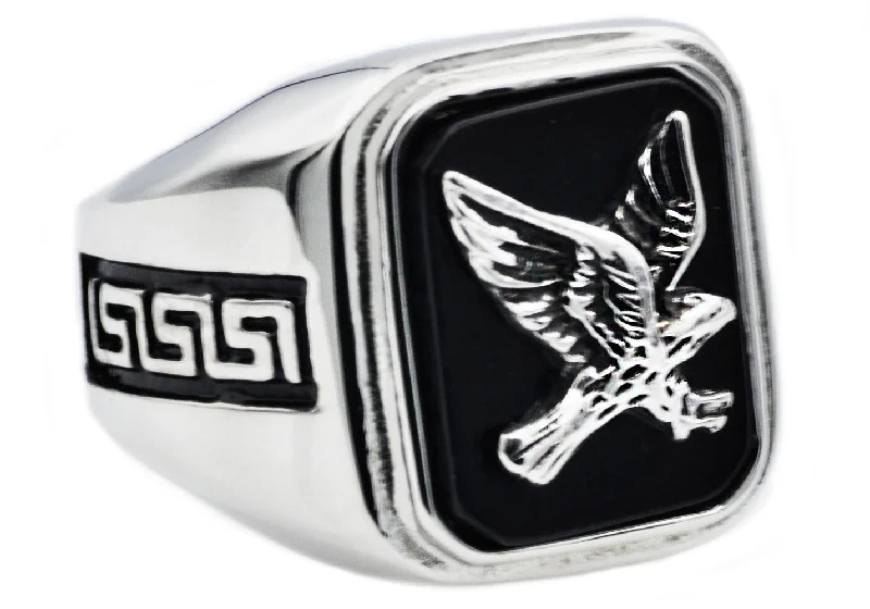 women’s engagement rings-Mens Onyx And Stainless Steel Eagle Ring