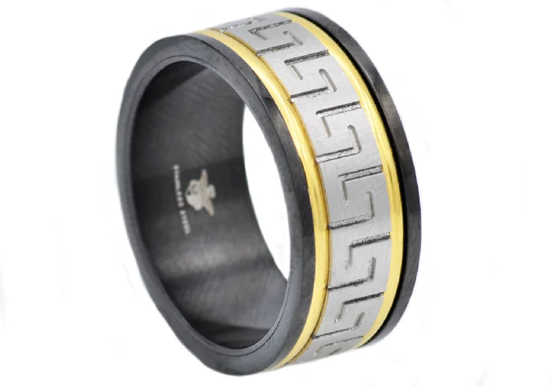 women’s modern rings-Mens Gold And Black Stainless Steel Ring