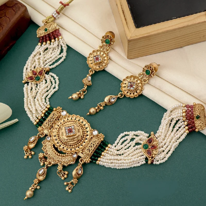 women’s diamond statement necklaces-FS Collection Gold Plated Kundan Stone And Pearl Necklace Set