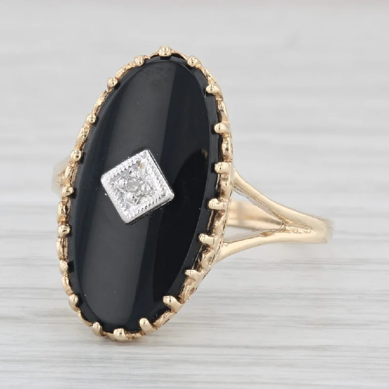 women’s pear-shaped engagement rings-Vintage Onyx Diamond Ring 10k Yellow Gold Size 10.5 Signet Style