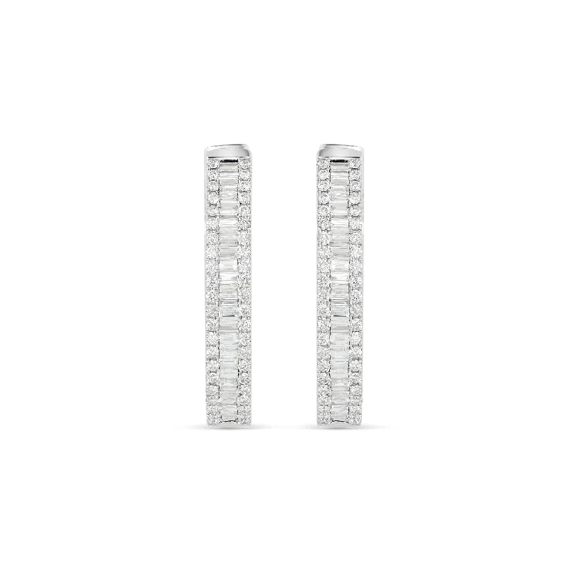 women’s birthstone earrings-14K White Gold Baguette Diamond Hoop Earrings