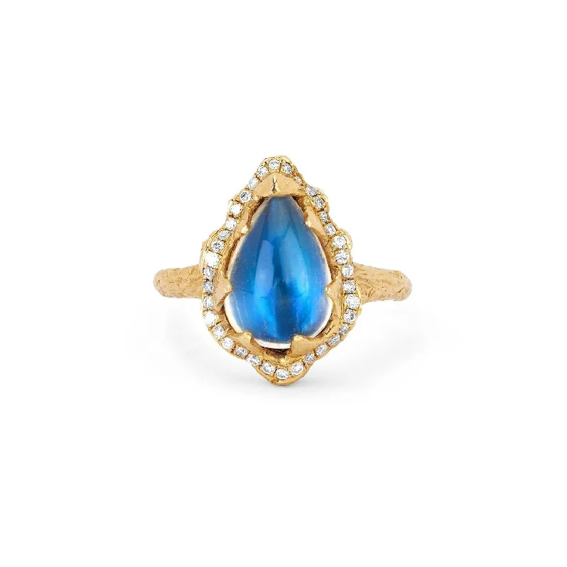 women’s emerald gemstone rings-Baby Queen Water Drop Blue Sheen Moonstone Ring with Full Pavé Halo