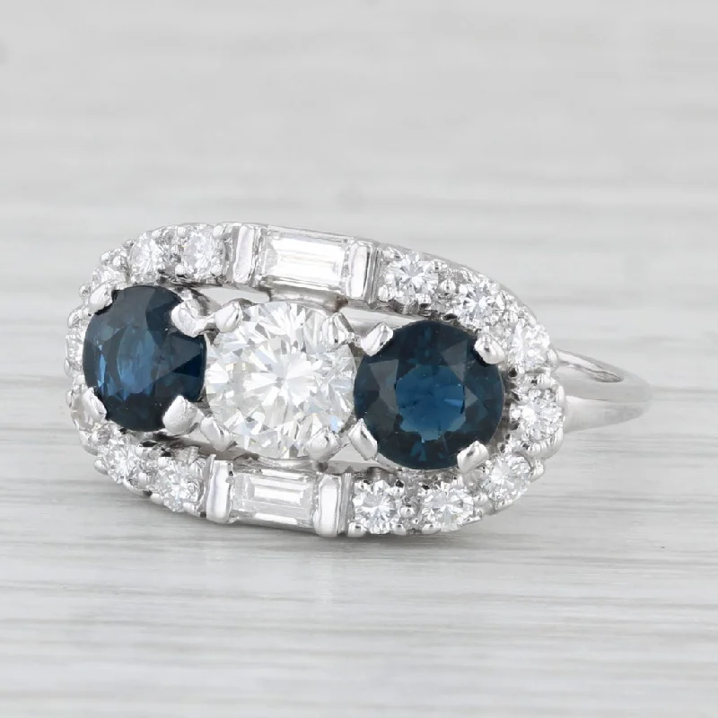 women’s cushion cut engagement rings-Vintage 2.11ctw Blue Sapphire Diamond Ring 14k White Gold Size 7.25