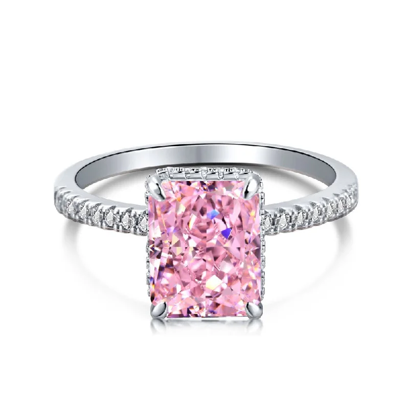 women’s high-end engagement rings-Light Pink Solitaire Radiant Cut Half Eternity Diamond Ring Sterling Silver