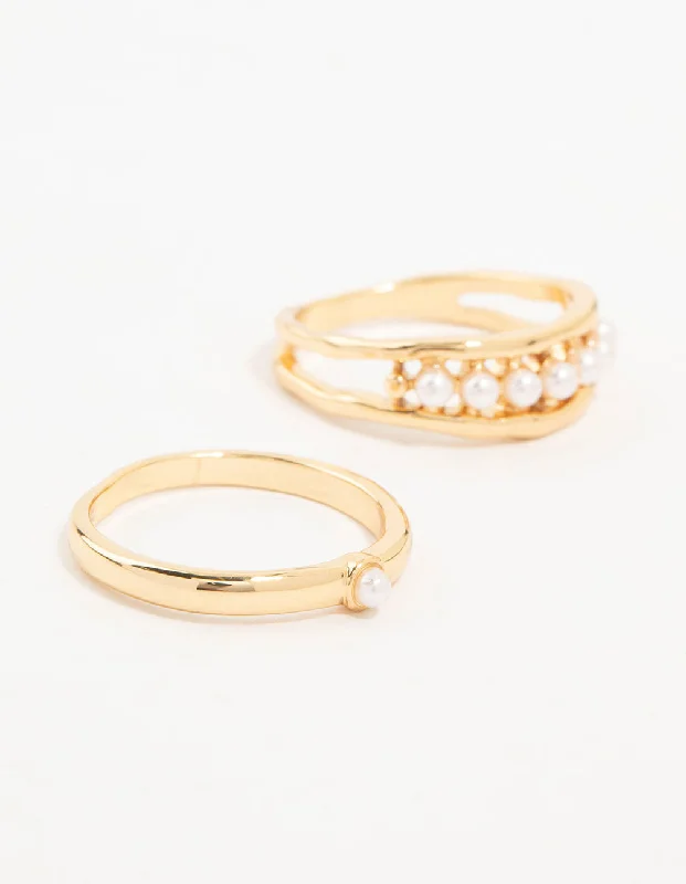 women’s gold engagement rings-Gold Plated Petite Pearl Stacking Rings 2-Pack