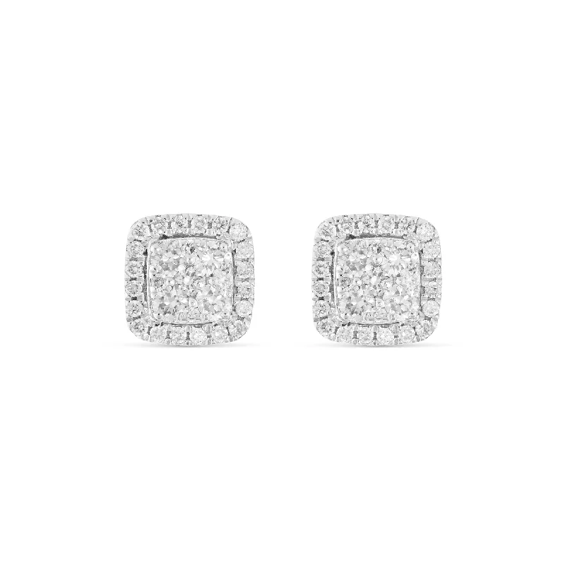 women’s silver earrings-14K White Gold Cushion Cut Diamond Halo Stud Earrings