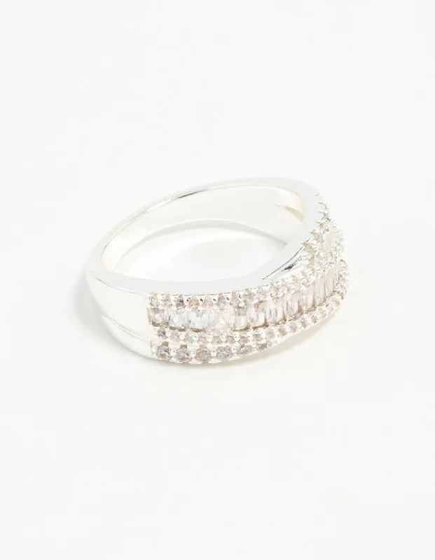 women’s statement cocktail rings-Silver Plated Cubic Zirconia Crossover Baguette Ring