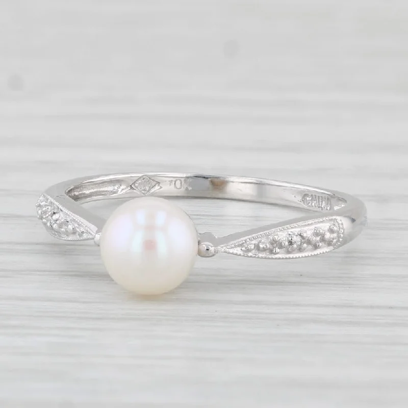 women’s vintage diamond engagement rings-Cultured Pearl Diamond Ring 10k White Gold Size 7