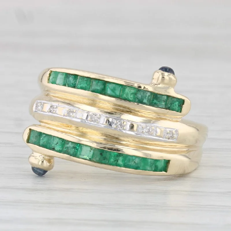 women’s alternative engagement rings-Emerald Sapphire Diamond Ring 14k Yellow Gold Size 7 Bypass