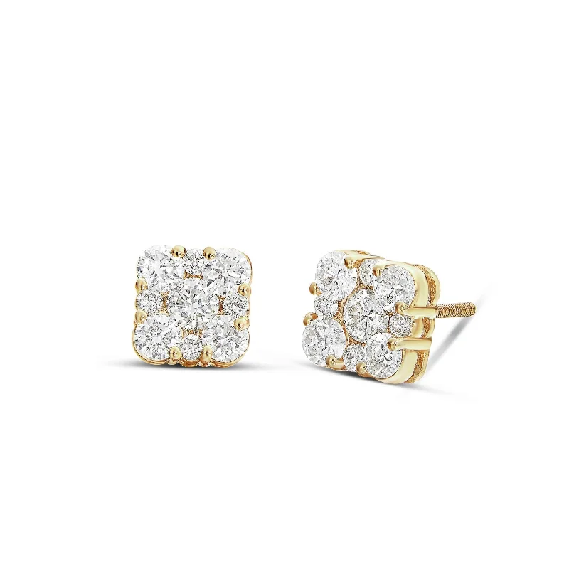 women’s large earrings-14K Gold 0.80ct Square Diamond Cluster Stud Earrings