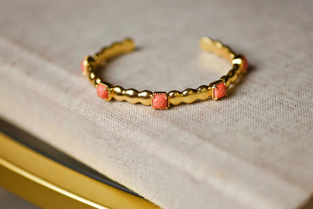 women’s designer bracelets-Tatum James Designs Sydney Square Stone Cuff- Coral