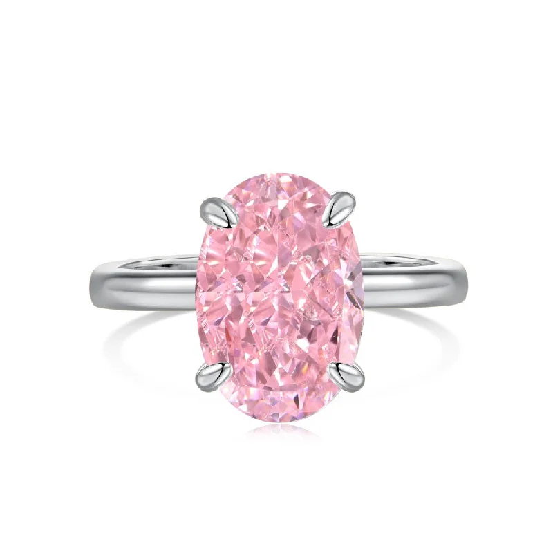 women’s wedding set engagement rings-Solitaire Oval Pink Diamond Ring in Sterling Silver