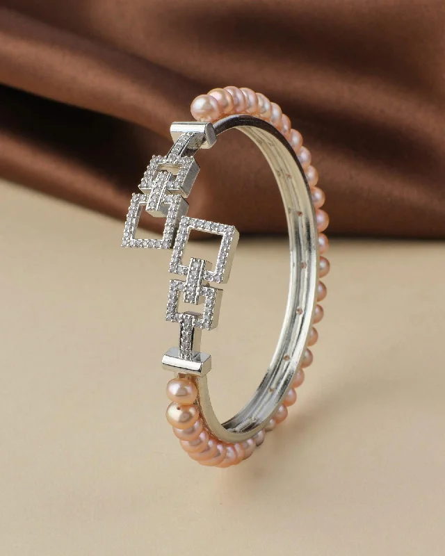 women’s gold bracelets-Classy Pink Pearl Bangle