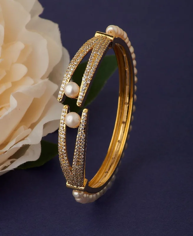 women’s sterling silver bangles-Stunning Stone Studded Pearl Bangle