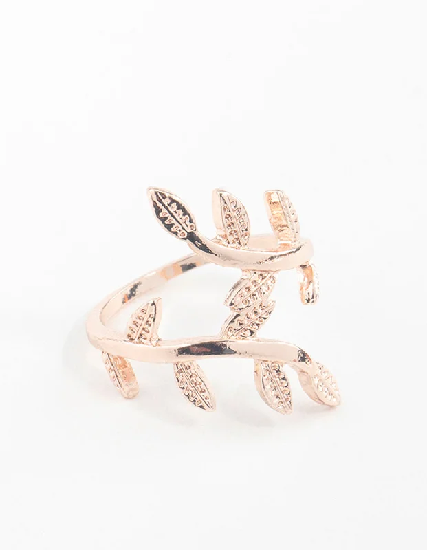 women’s unique rings-Rose Gold Leaf Double Band Ring