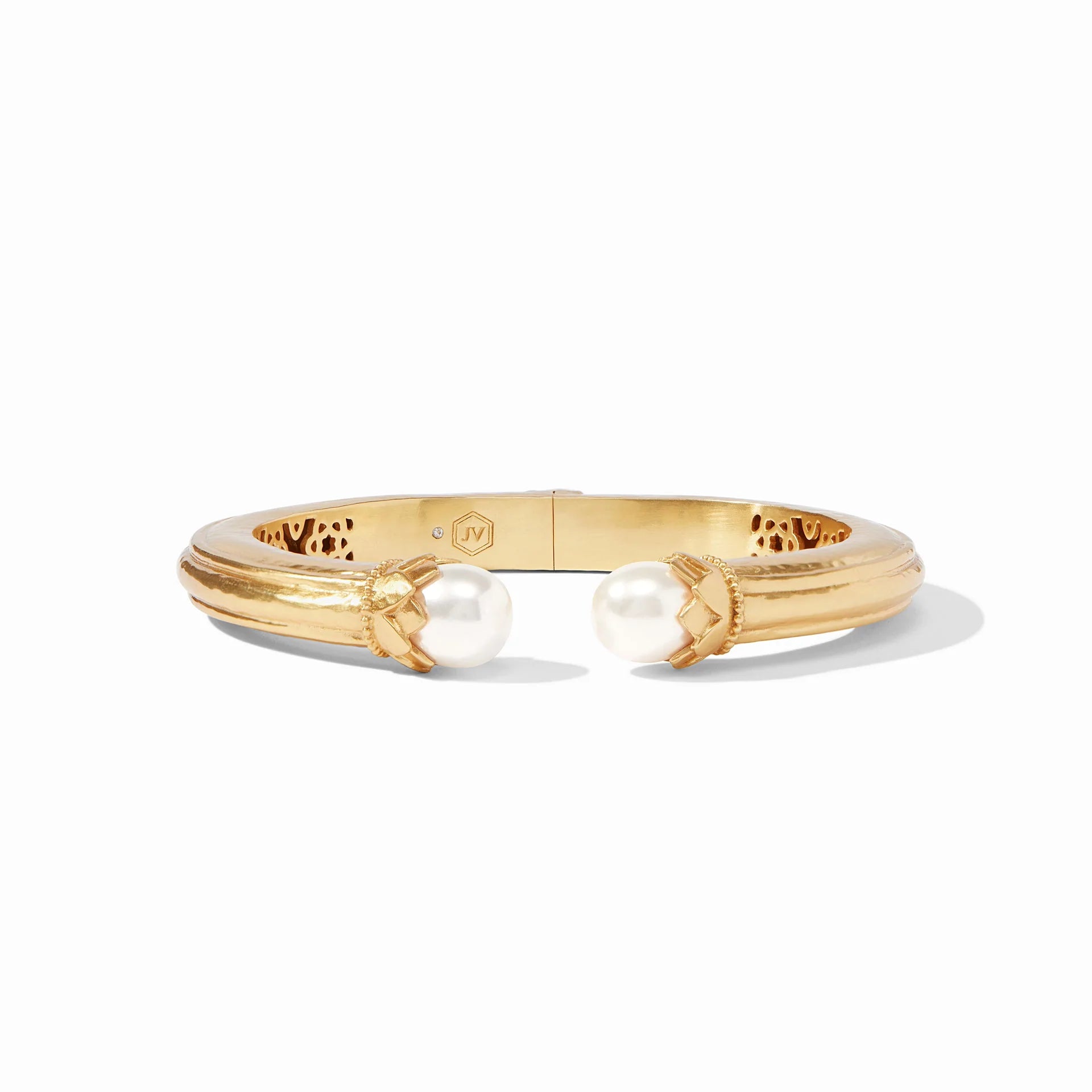 women’s engraved bangles-FLORA PEARL DEMI CUFF