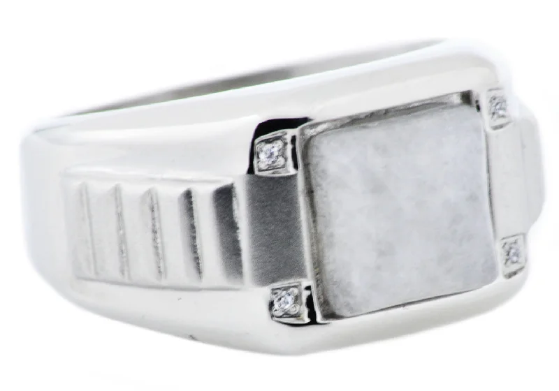 women’s ring with diamonds-Mens Genuine Moonstone And Stainless Steel Ring With Cubic Zirconia