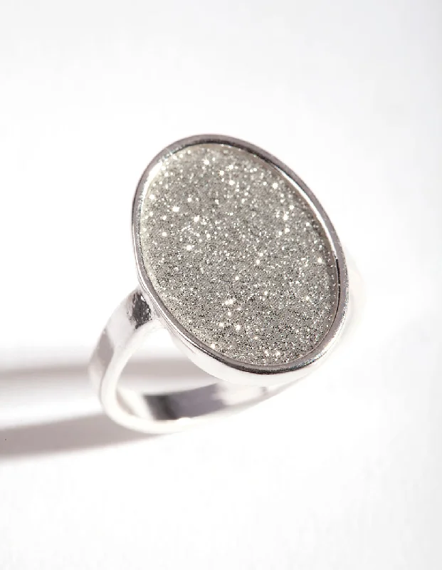 women’s boho rings-Silver Oval Glitter Ring