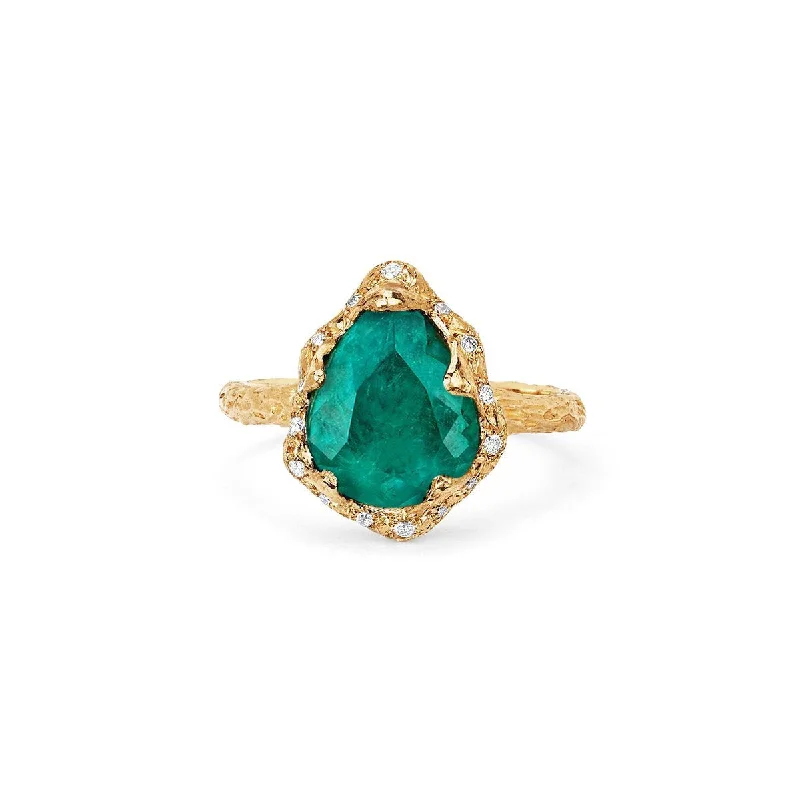 women’s engraved rings-18k Baby Queen Water Drop Colombian Emerald Ring with Sprinkled Diamonds