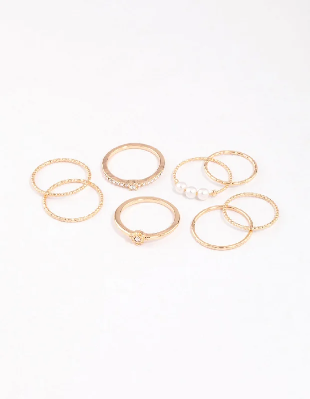 women’s sapphire rings-Gold Fine Diamante Cut Pearl Ring Pack