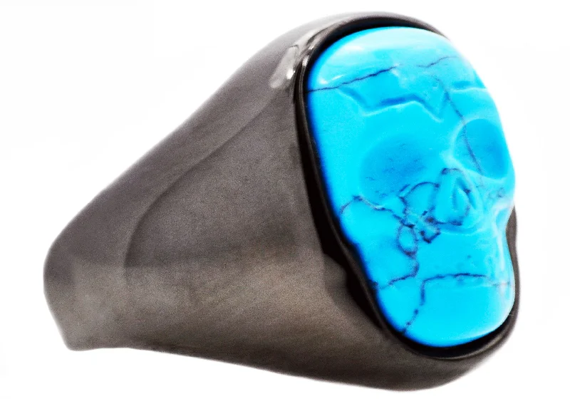 women’s large rings-Mens Genuine Turquoise Black Stainless Steel Skull Ring