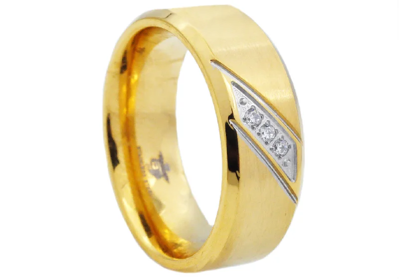 women’s round cut rings-Mens Gold Stainless Steel Band With Cubic Zirconia