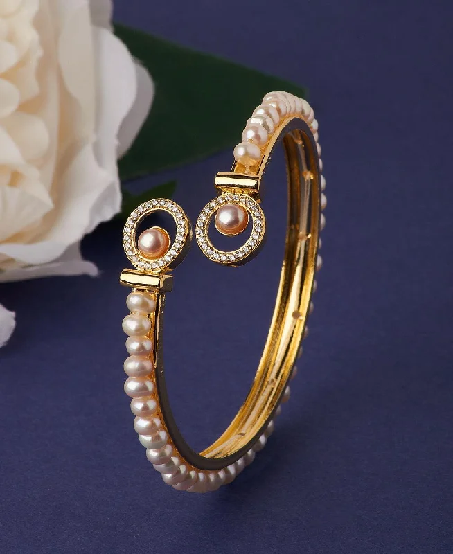 women’s adjustable bracelets-Delightful Stone Studded Real Pearl Bangle