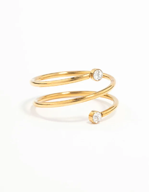 women’s cocktail rings-Waterproof Gold Plated Stainless Steel Diamante Coil Ring