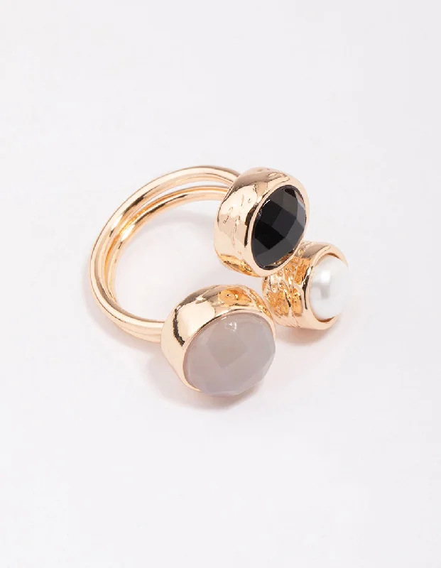 women’s vintage-style rings-Gold Triple Stone Wrapped Cocktail Ring