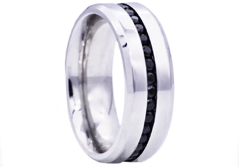 women’s bold rings-Mens High Polish Stainless Steel Eternity Band Ring With Black Cubic Zirconia