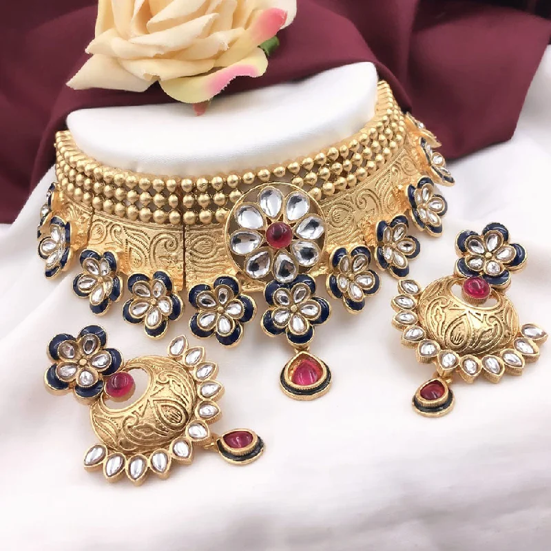 women’s dainty necklaces-5G Jewellery Gold Plated Kundan Stone Choker Necklace Set