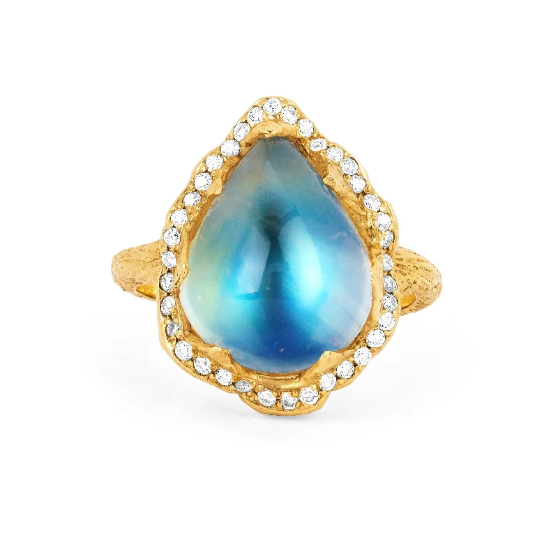 women’s chic rings-18k Queen Water Drop Blue Sheen Moonstone Ring with Full Pavé Halo