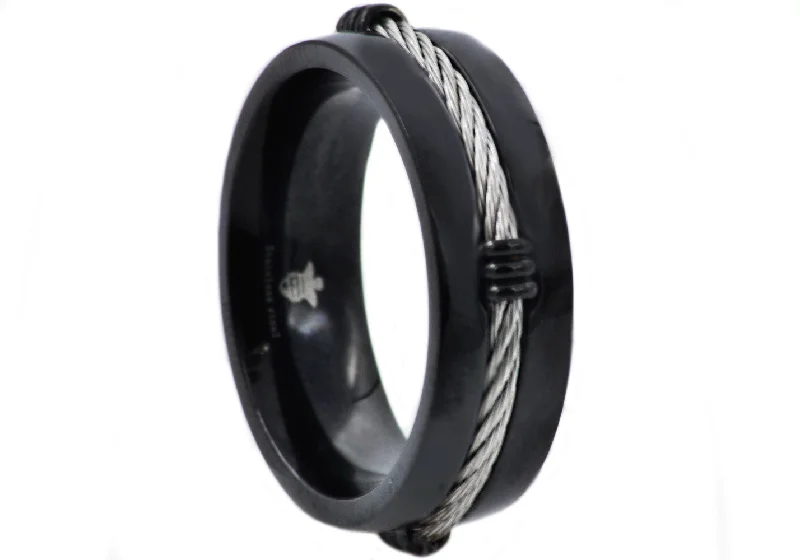 women’s aquamarine rings-Mens Black Stainless Steel Wire Band