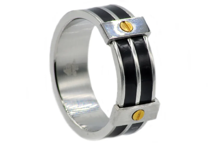 women’s promise ring designs-Mens Black Stainless Steel Band Ring With Gold Screws