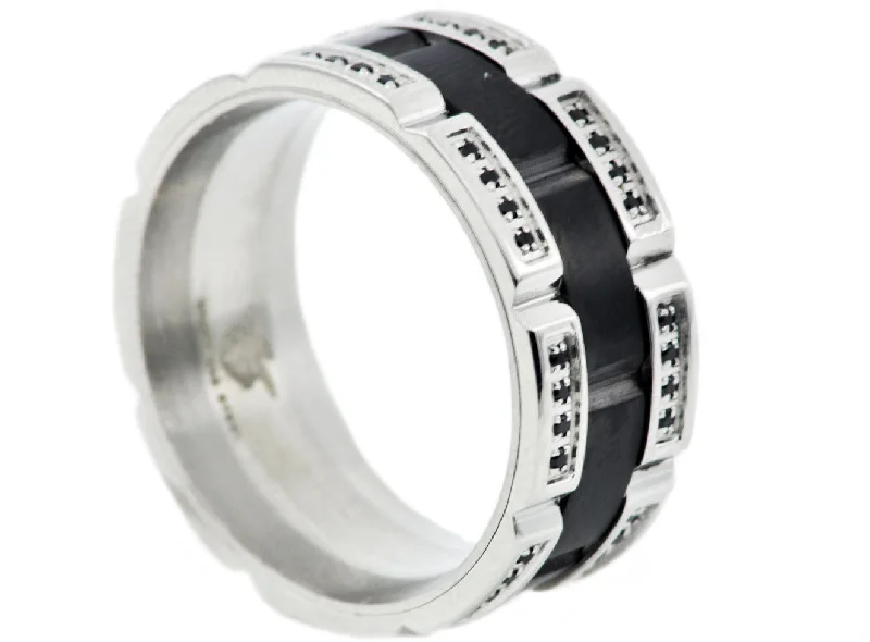 women’s gemstone engagement rings-Mens 10mm Black And Silver Stainless Steel Band With Black Cubic Zirconia