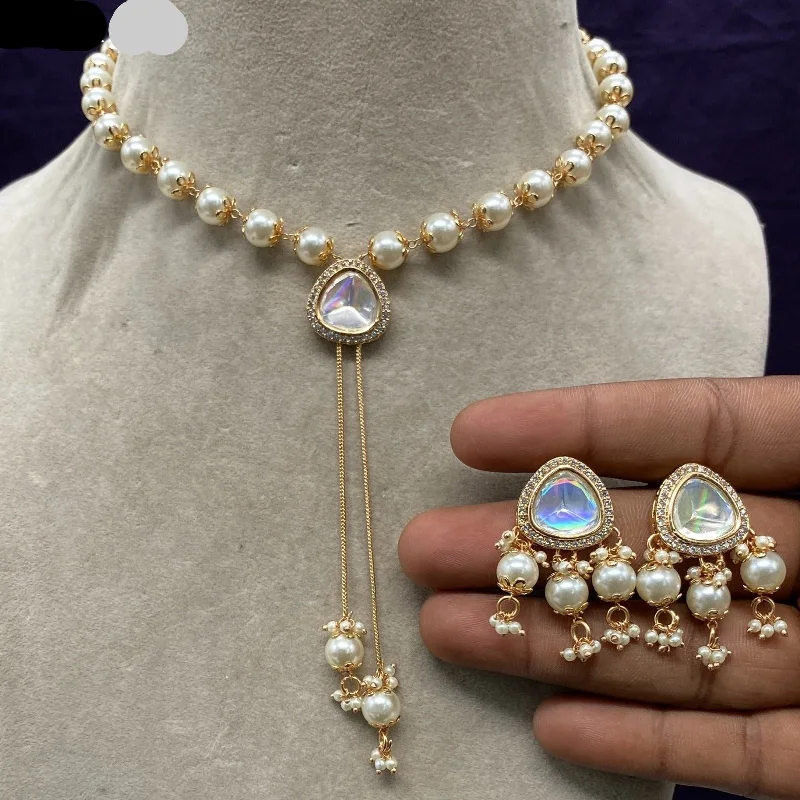 women’s pearl necklaces-Amoliya Jewels Gold Plated Polki Kundan Pearl Necklace Set