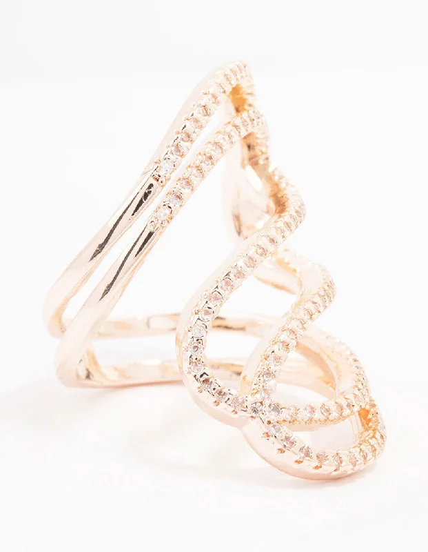 women’s custom-made rings-Rose Gold Lovely Ribbon Cubic Zirconia Cocktail Ring