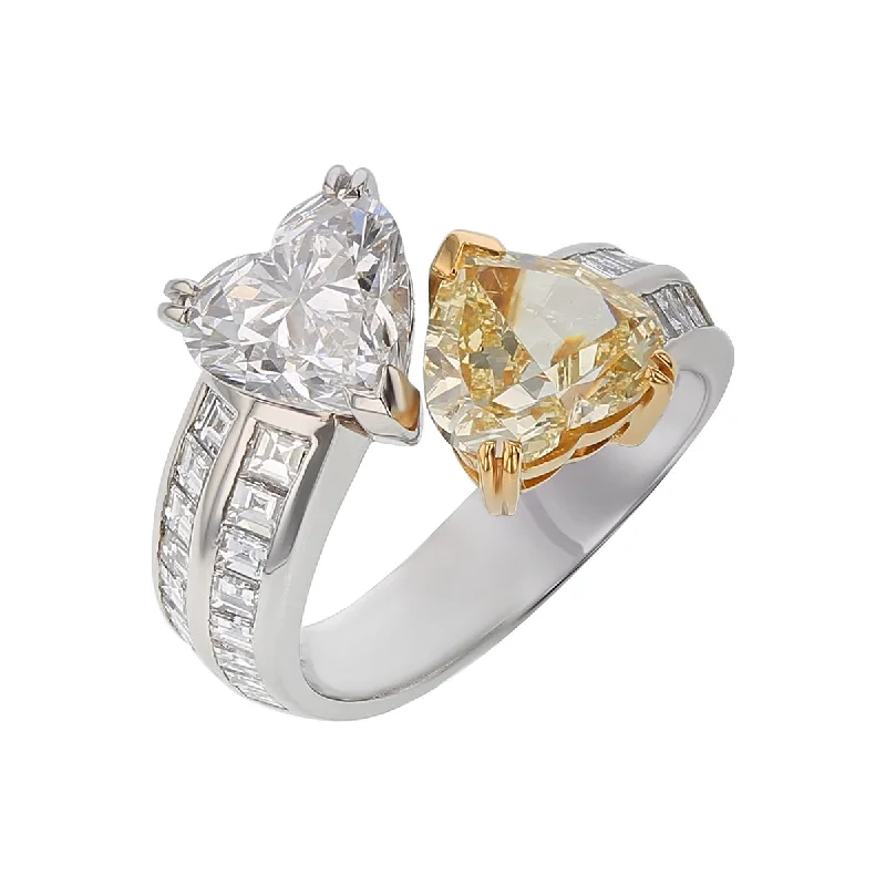 women’s high-end engagement rings-Bypass Heart Shaped Diamond and Square Diamond Ring in Platinum and 18K Yellow Gold