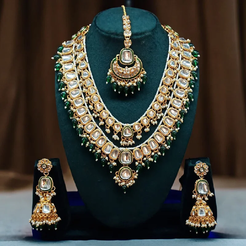 women’s sapphire necklaces-Gehana Mahal Gold Plated Kundan Stone Long Necklace Set