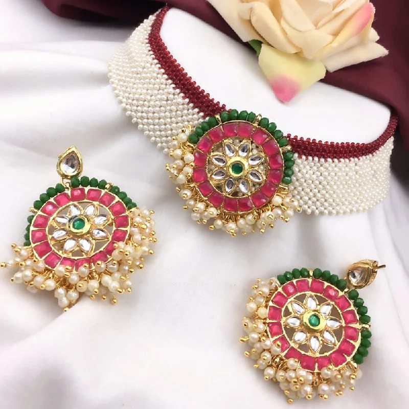 women’s diamond pendant necklaces-5G Jewellery Gold Plated Kundan And Pearl Choker Necklace Set