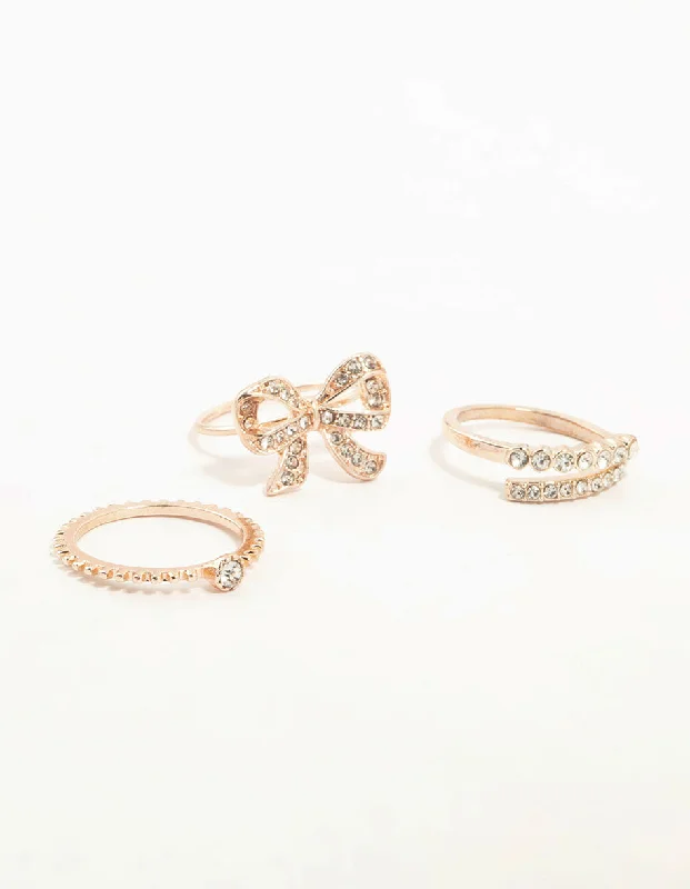 women’s promise rings-Rose Gold Precious Bow Ring 3-Pack