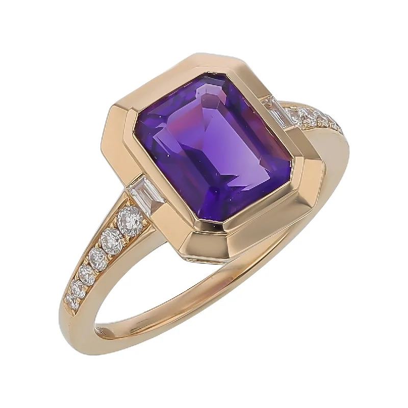 women’s heart-shaped diamond engagement rings-Emerald Cut Amethyst and Diamond Ring in 14K Yellow Gold, Size 7