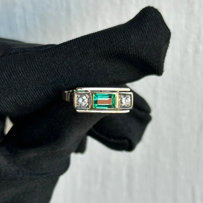 women’s minimalist engagement rings-Vintage Art Deco Emerald Cut Emerald & Diamond Ring in 14kt White Gold – Original 1920s