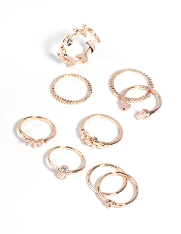 women’s luxury rings-Rose Gold Pretty Leaves Ring 9-Pack